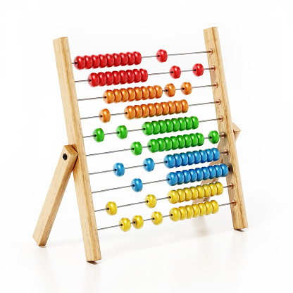 Abacus with colorful beads isolated on white with soft reflection.