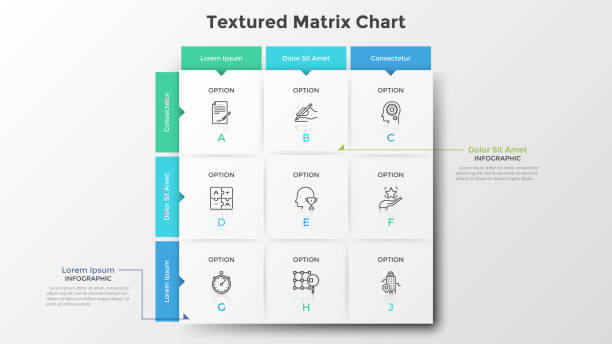 Modern Infographic Template Square matrix chart or table. Nine paper white rectangular elements with thin line icons and letters inside, text boxes. Clean infographic design template. Vector illustration for presentation. table stock illustrations