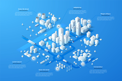 Isometric city map with business, living and industrial districts, urban and suburban areas, paper white buildings and river. Real estate plan. Infographic design template. Modern vector illustration.