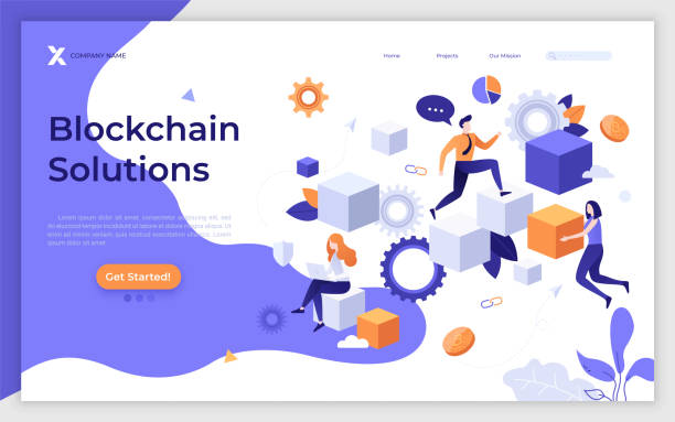 Flat Landing Page Template Landing page template with men and women carrying cubic blocks, sitting on them and working. Blockchain solutions, service for cryptocurrency or crypto coin mining. Modern flat vector illustration. construction platform illustrations stock illustrations