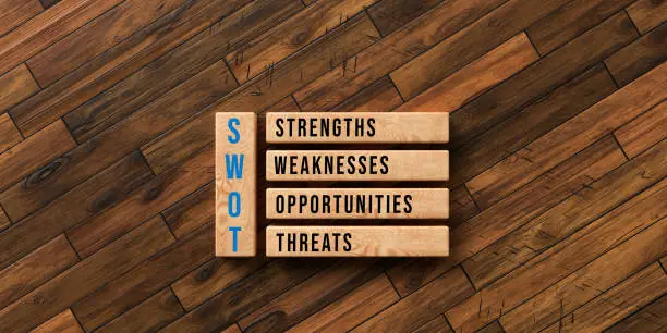 cubes with the acronym SWOT and explanation on wooden background - 3D rendered illustration