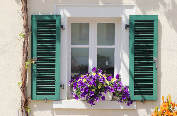 istock old window with green shutters and flowers 1247011763