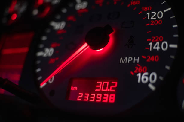 istock car dashboard. Speedometer with red backlight at night close up 1247012564