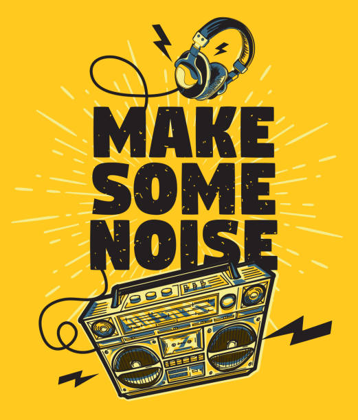 Make some noise musical design with boom box decorative vector artwork yellow tape audio stock illustrations
