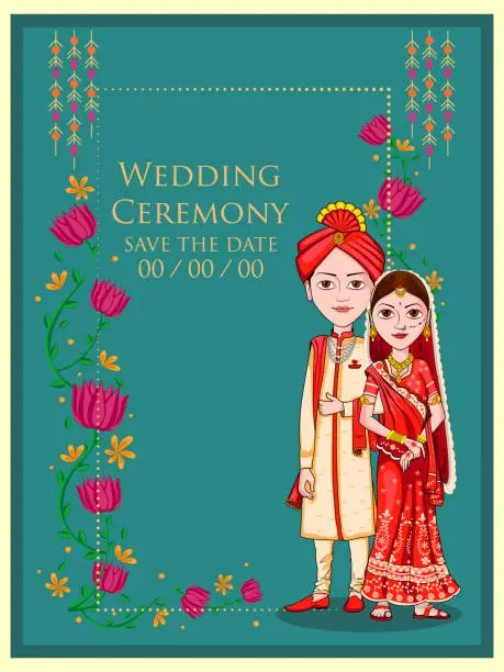 Vector illustration of Couple on Indian Wedding invitation template background