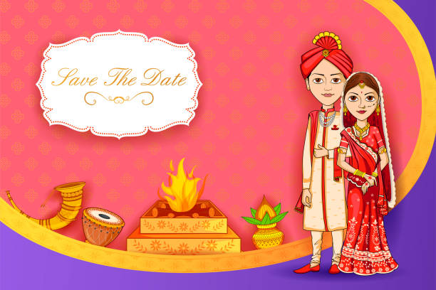 Couple On Indian Wedding Invitation Template Background Stock Illustration  - Download Image Now - iStock