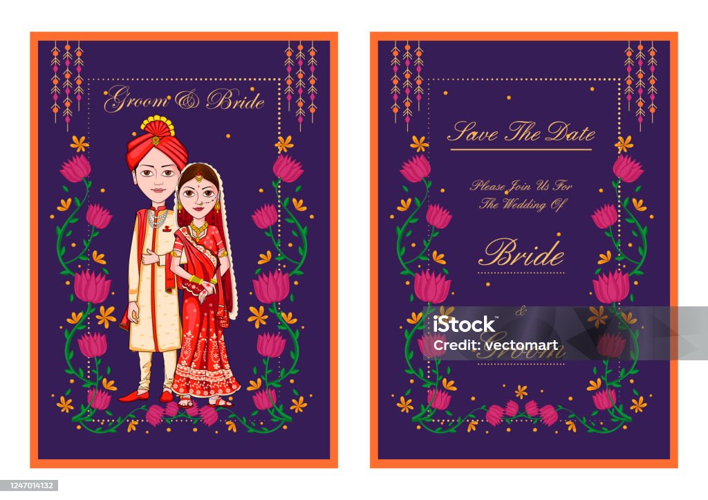 Couple On Indian Wedding Invitation Template Background Stock Illustration  - Download Image Now - iStock