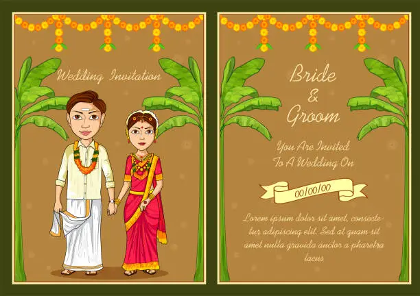 Vector illustration of South Indian couple on Indian Wedding invitation template background