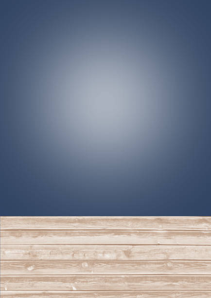 Blue empty background with light and wooden planks texture. stock photo