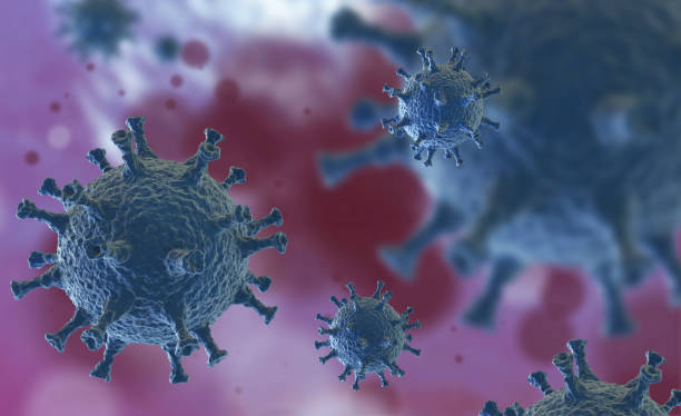 istock Illustration of virus cells or bacteria molecule under microscope. Abstract 3d illustration corona virus cells.Pathogen respiratory influenza. Flying Covid virus cells 1247014486
