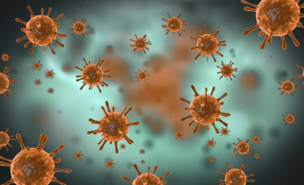 ilustracja komórek wirusowych lub cząsteczki bakterii pod mikroskopem. abstrakcyjna ilustracja 3d komórki wirusa korony. patogen grypy oddechowej. latające komórki wirusa covid - bacterium high scale magnification magnification virus zdjęcia i obrazy z banku zdjęć