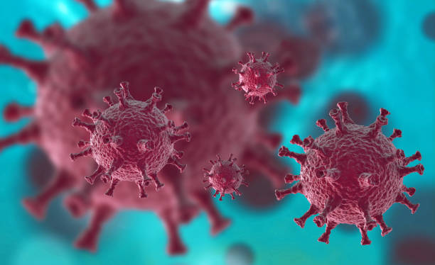 istock Illustration of virus cells or bacteria molecule under microscope. Abstract 3d illustration corona virus cells.Pathogen respiratory influenza. Flying Covid virus cells 1247014519
