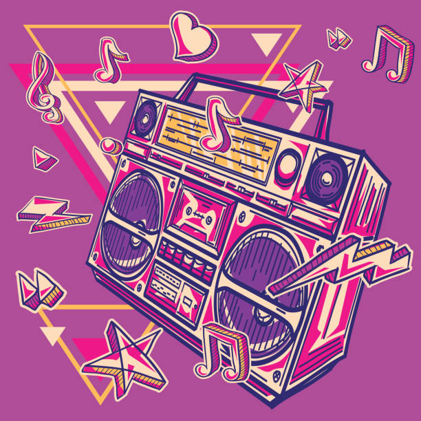 illustrazioni stock, clip art, cartoni animati e icone di tendenza di design musicale - funky colorato disegnato boom box - 1980s style funky 1990s style boom box