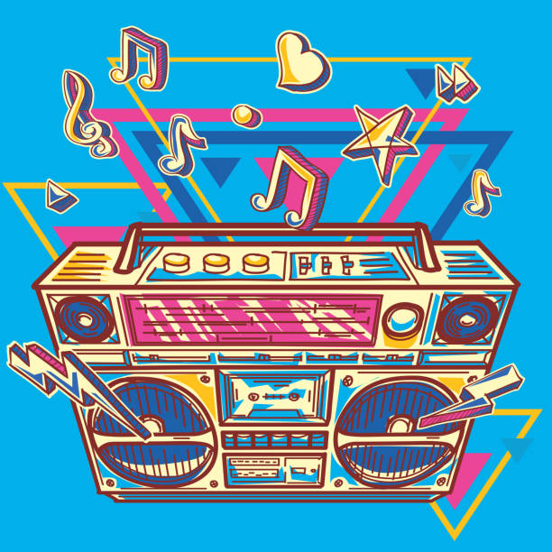 illustrazioni stock, clip art, cartoni animati e icone di tendenza di design musicale - funky colorato disegnato boom box - 1980s style funky 1990s style boom box