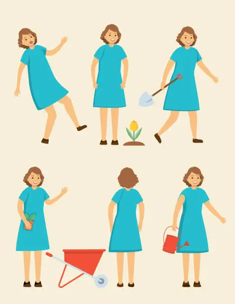 Vector illustration of One Woman In Different Poses