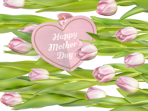 Mothers Day Concept. Tulips with heart on white background. EPS 10 vector file included