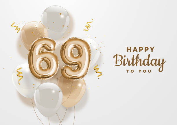 Happy 69th birthday gold foil balloon greeting background. Happy 69th birthday gold foil balloon greeting background. 69 years anniversary logo template- 69th celebrating with confetti. Vector stock. $69 stock illustrations