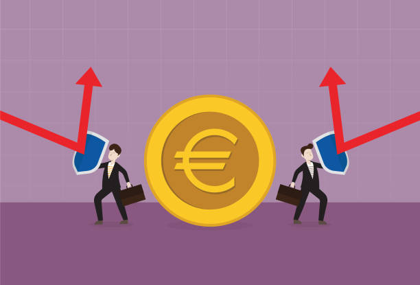 dwóch biznesmenów używa tarczy do ochrony monety euro przed czerwonymi strzałkami - european union coin illustrations stock illustrations