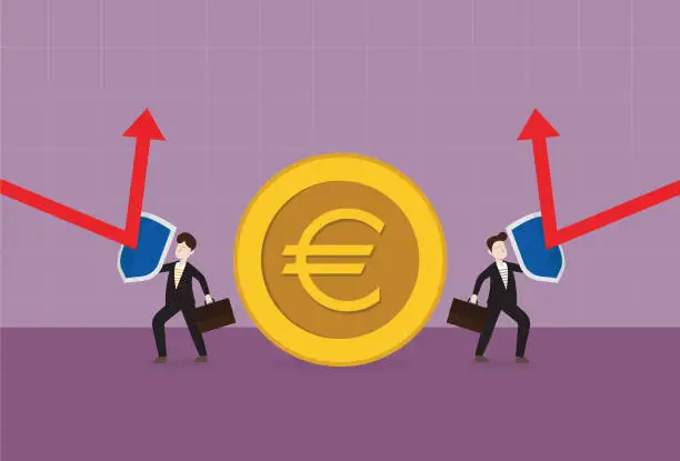 Vector illustration of Two businessmen use a shield to protect euro coin from a red arrow stock