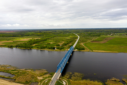 aerial panoramic view to the bridge over the river Lielupe near Kalnciems, Latvia