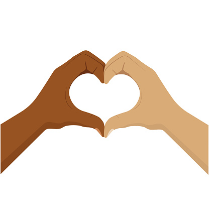 No to racism. Heart shape with hands. Friendship between people. Stop discrimination. Black and white skin. Hands of love. Together against racism. Symbol of love. Isolated work. Vector EPS 10