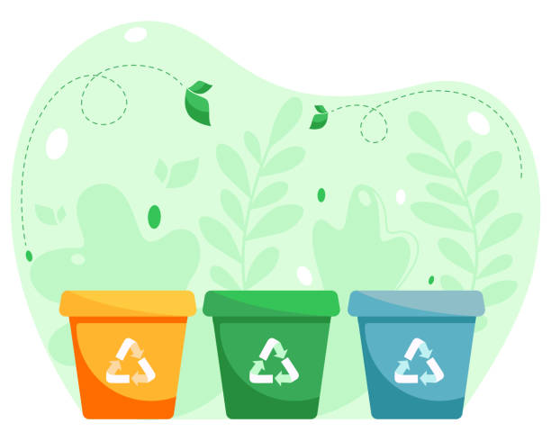Eco. Trash bins for waste sorting. Ecology and recycling concept. Vector illustration in flat style. Hand drawn vector illustration for cards, icons, postcards, banners, logotypes, posters and professional design. utilize stock illustrations