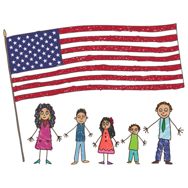 Kids Drawing. Latino American family with Flag of the USA. Vector illustration Kids Drawing style. Latino American family Family with father, mother, two sons and daughter stands under the flag of the United States vector illustration military family stock illustrations