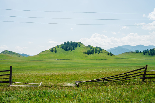Beautiful sunny landscape with green forest mountain and vast field behind broken old wood fence. Hill with trees and cracked fence under wires on blue sky. Vivid scenery with flat field in mountains.