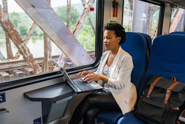 istock Business woman traveling with train 1247034411