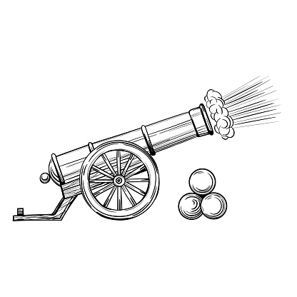 An ancient cannon with gun cores. Gunshot, sketch vector isolated on white background.