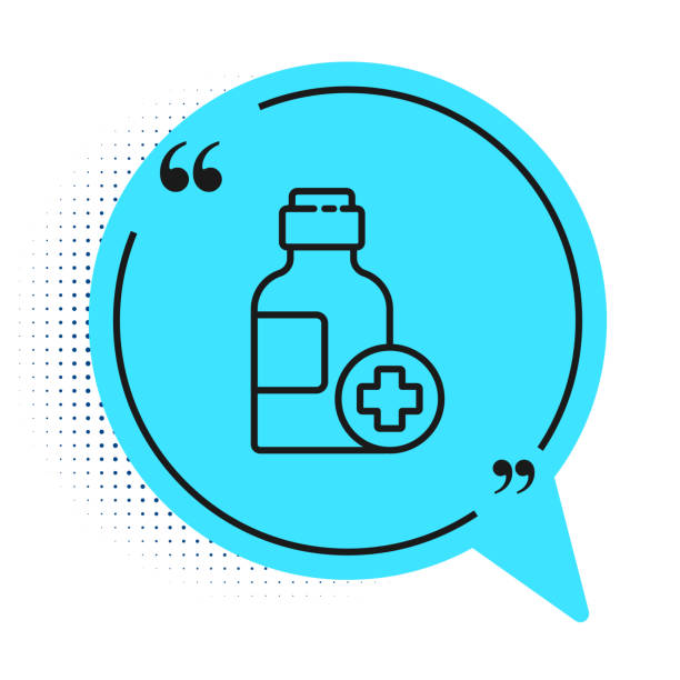 istock Black line Bottle of medicine syrup icon isolated on white background. Blue speech bubble symbol. Vector Illustration 1247039869