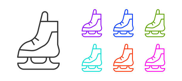 ikona czarnej linii skates izolowana na białym tle. ikona butów do rolek. sportowe buty z ostrzami. ustaw ikony kolorowe. ilustracja wektorowa - ice hockey ice skate equipment black stock illustrations