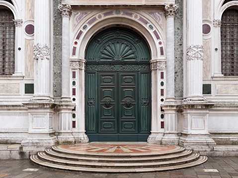 The baroque 18th-century facade of the Church of Saint Roch, Catholic church founded in 1508, Venice, Italy
