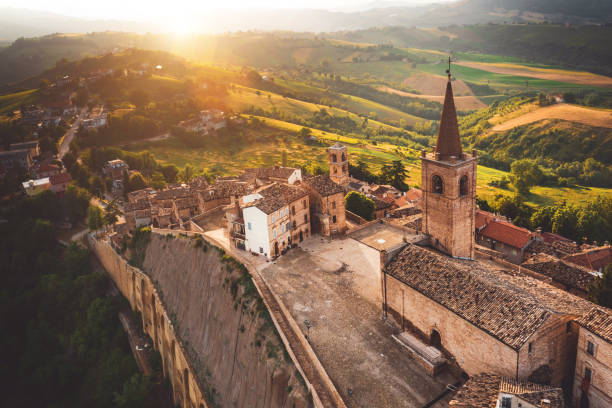 Aerial view view of a beautiful old town in Italy - Marche region Aerial view view of a beautiful old town in Italy - Marche region Village stock pictures, royalty-free photos & images