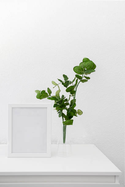 istock Empty white frame mockup with green eucalyptus plant in a vase  on a white table . 1247048494