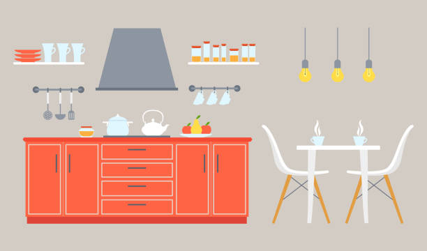 illustrazioni stock, clip art, cartoni animati e icone di tendenza di organizzazione dello spazio in cucina. sala da pranzo con mobili. vettore. - kitchen table
