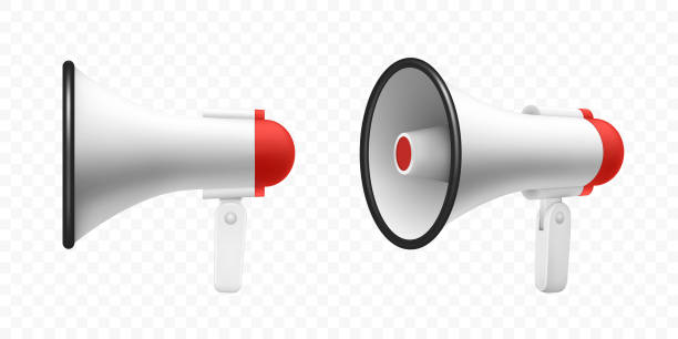 ilustrações de stock, clip art, desenhos animados e ícones de megaphone speaker or loudspeaker bullhorn, vector realistic 3d mockup. modern isolated megaphone loudhailer with microphone, red sound horn and handle, lifeguard alert and announcement speakerphone - conference phone