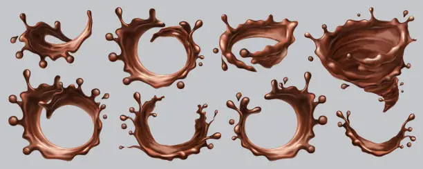 Vector illustration of Splash chocolate vector realistic liquid drops, swirl splashes, isolated 3D on transparent background. Milk or dark chocolate splashes, hot chocolate or cocoa syrup circle flow waves and pour drips