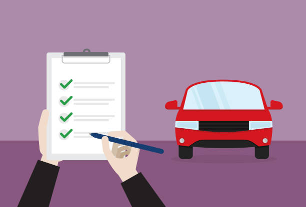 A car passes a check Car insurance, License, Maintenance, Driving insurance agent illustrations stock illustrations