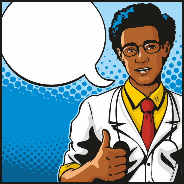 Comic book style pop art illustration of a handsome young  African American male doctor standing in a confident pose giving the thumbs up. With empty speech bubble for your text.