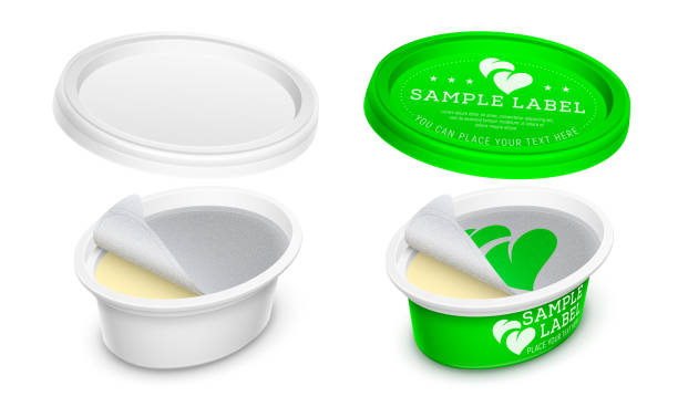 ilustrações de stock, clip art, desenhos animados e ícones de vector labeled oval plastic container with opened lid and foil seal. packaging template illustration. - can disposable cup blank container