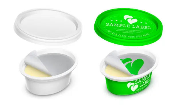 Vector illustration of Vector labeled oval plastic container with opened lid and foil seal. Packaging template illustration.