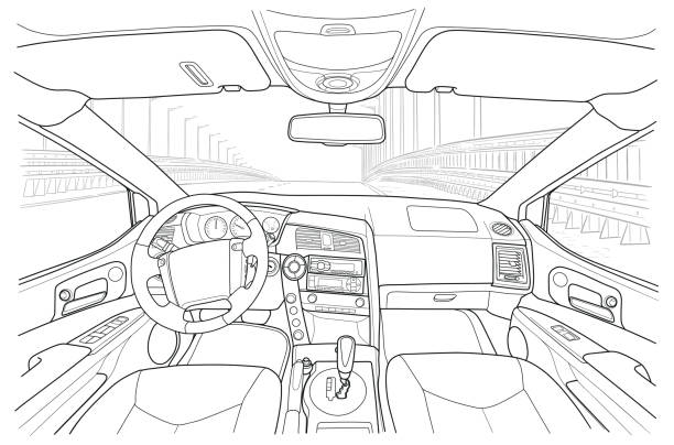 интерьер транспортного средства. иллюстрация векторной линии на белом фоне - mirror car rear view mirror road stock illustrations