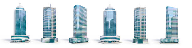 conjunto de diferentes edificios de rascacielos aislados en blanco. - industrial object fotografías e imágenes de stock