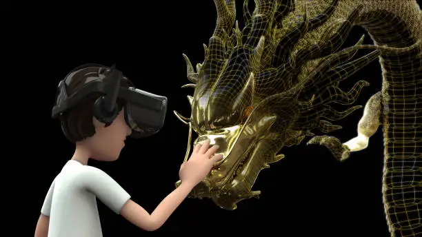 Photo of Virtual reality between man wear goggle machine watching and touching chinese dragon digital in imagination with 3d rendering include clipping path.