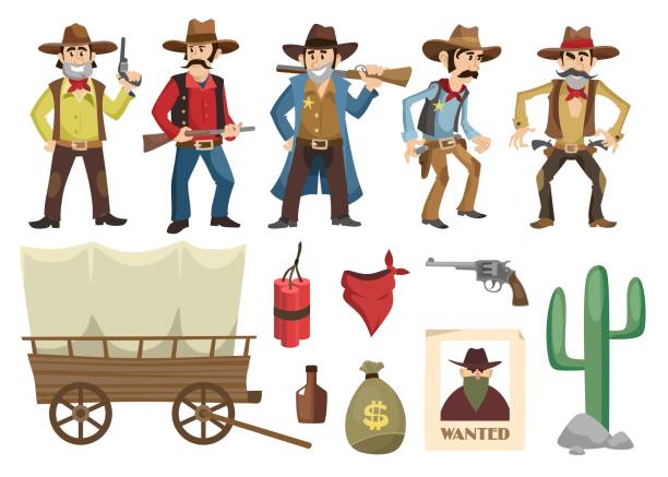ilustrações de stock, clip art, desenhos animados e ícones de cowboys set. western retro people with different weapons and emotions isolated on white background. vector wild west elements collection - covered wagon