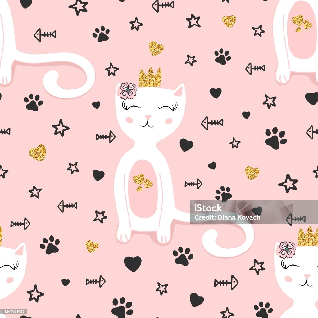 Hand Drawn Seamless Pattern Of Cute Cartoon Character Cat With A Crown And  A Flower On Her Head Stars Hearts Fish Illustration For Greeting Card  Invitation Wallpaper Wrapping Paper Fabric Stock Illustration -