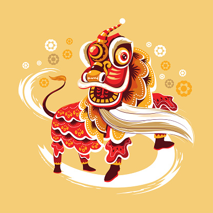 Chinese New Year Lion Dance with Jump and Scroll Vector