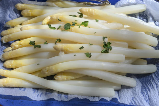 Freshly cooked white asparagus with herb garnish on a blue plate, selected focus, narrow depth of field