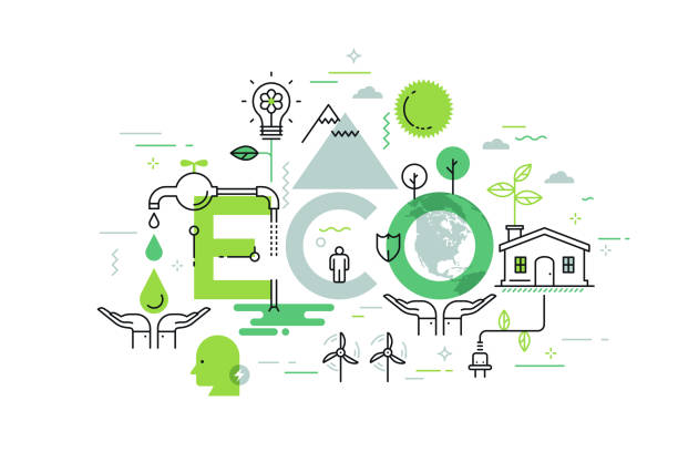 Thin line vector concept Creative infographic banner with elements in thin line style. Environmental protection, efficient consumption and home green technology concept. Vector illustration for presentation, brochure, header. energy conservation posters drawing stock illustrations